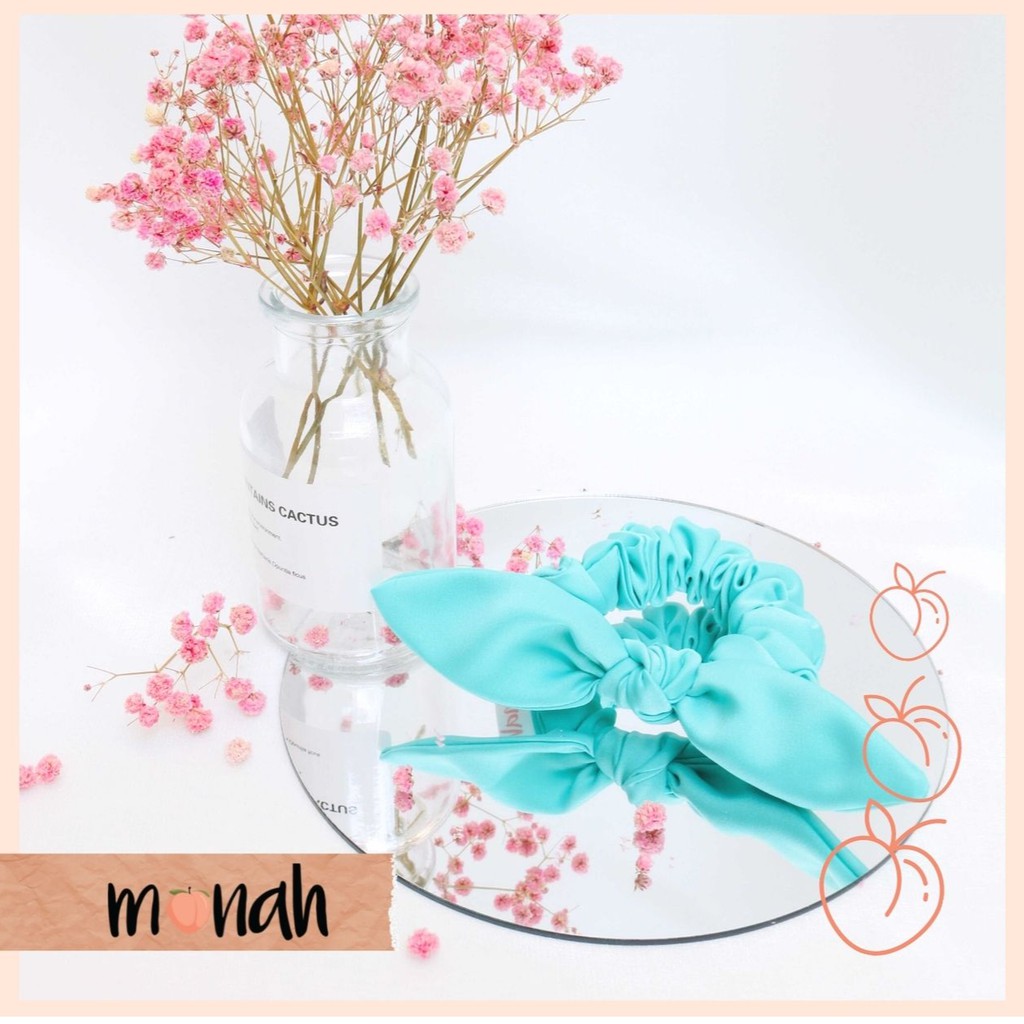 Dây cột tóc, buộc tóc scrunchie thắt nơ tai thỏ lụa hồng cao cấp