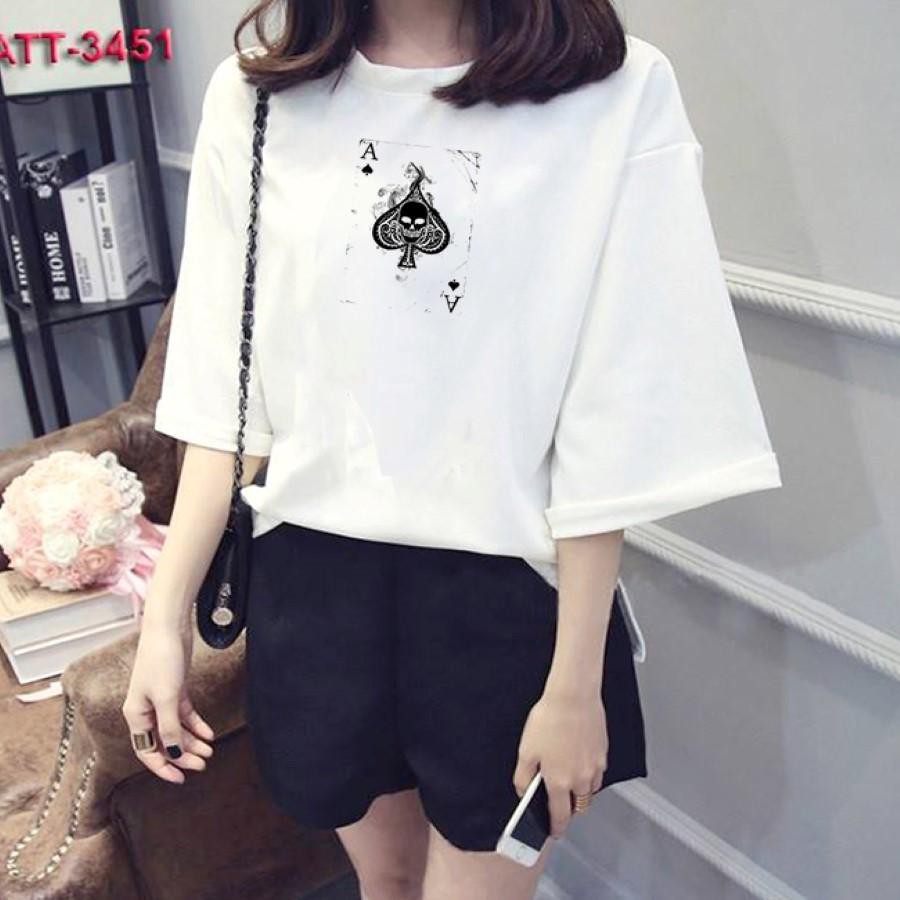Áo thun nữ tay lỡ Hàn Quốc form rộng in hình lá bài bích vài dày mịn TEEWOTL60
