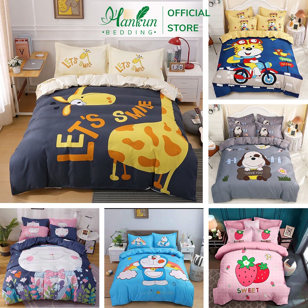 Bộ 4 món chăn ga gối drap trải giường Hankun cotton tina nhập khẩu Hàn Quốc họa tiết hoạt hình cho bé
