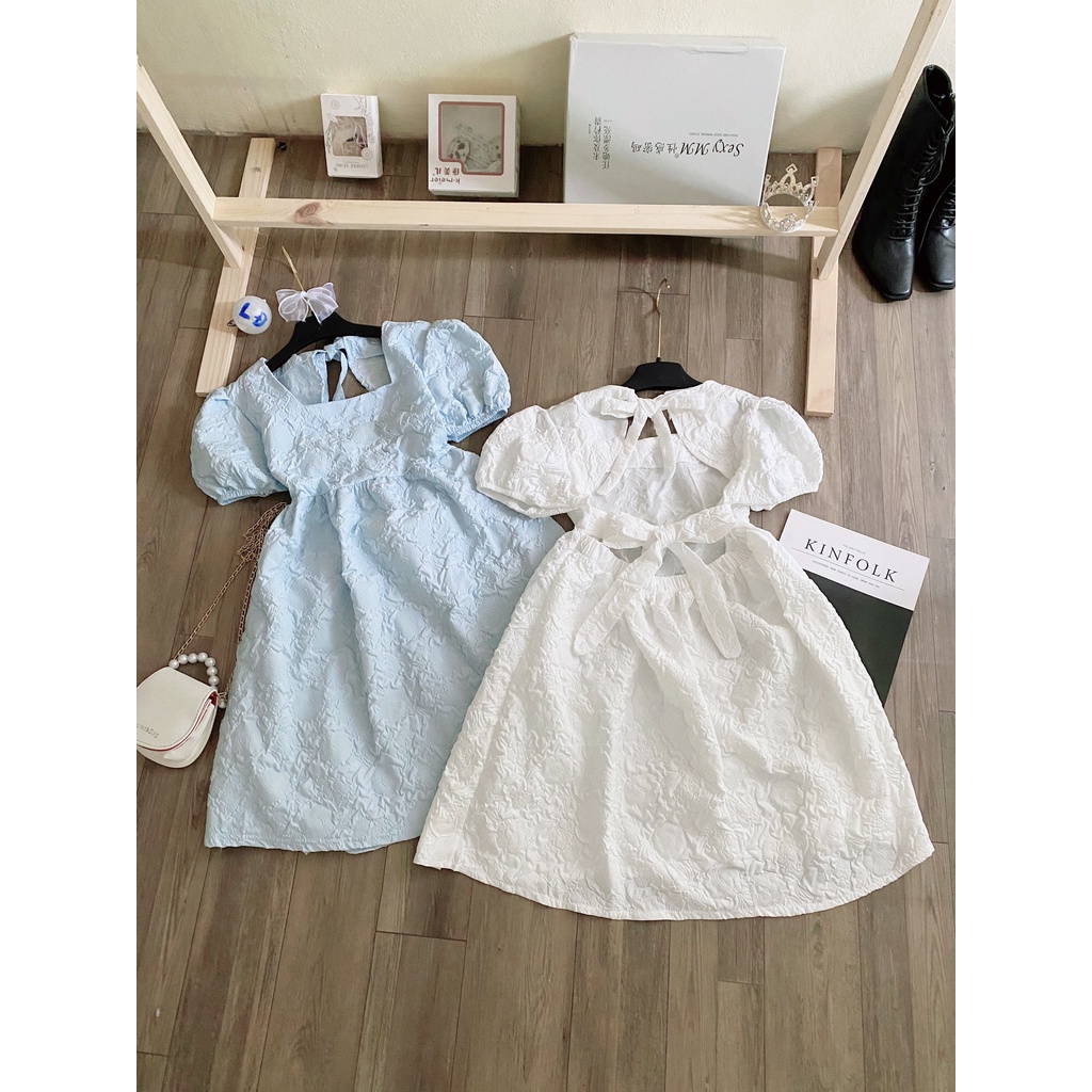 Đầm Nữ Cổ Vuông Gấm Xốp 🦋 Váy Nữ Dáng Xòe Cộc Tay Nơ Lưng 2 Màu 🦋