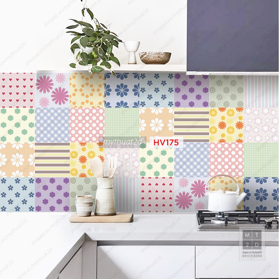 Decal gạch bông dán bếp dán tường, màu Vintage tiles, 120x60cm/set, Mua 3 Tặng 1