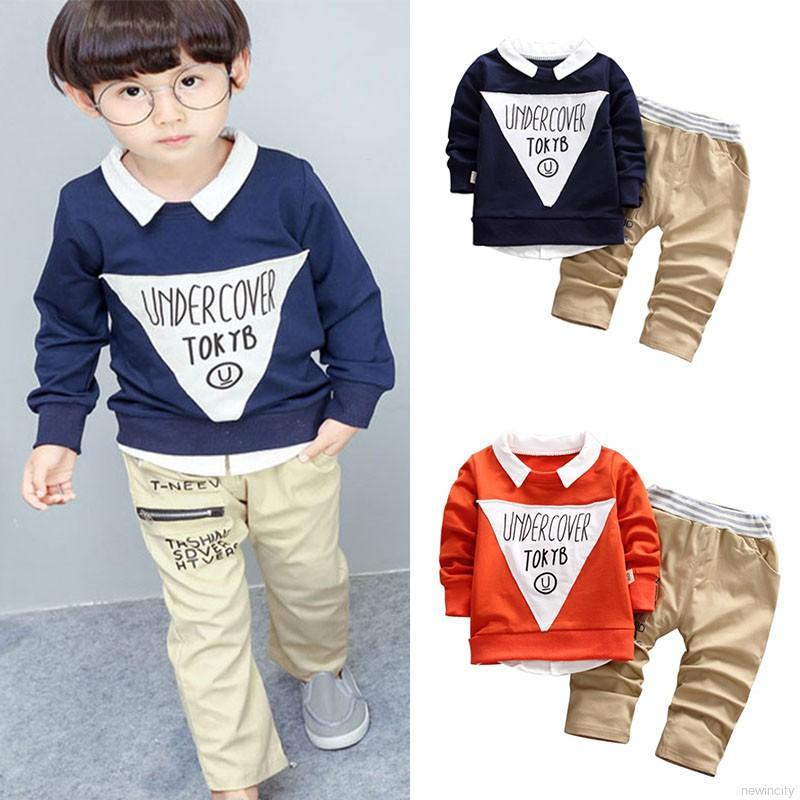 Set áo thun dài tay cổ tròn giả 2 mảnh + quần dài thời trang cho bé trai