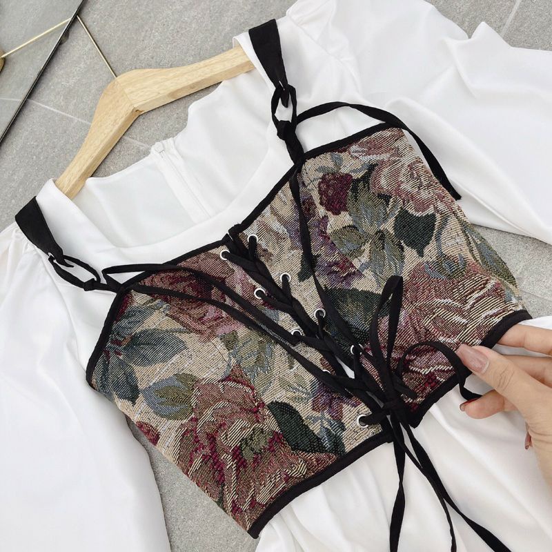 Đầm Xoè Trắng Tay Loe Dài Phối Áo Croptop Hoa 2 Dây Đan