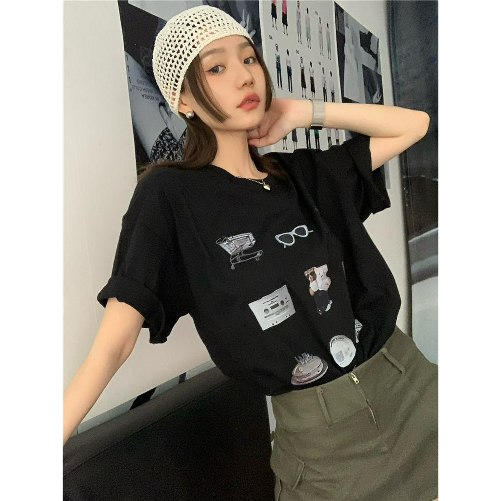 Áo thun Peppermint dáng rộng tay ngắn in hình phong cách retro Hàn Quốc thời trang mùa hè năng động cho nữ 52302