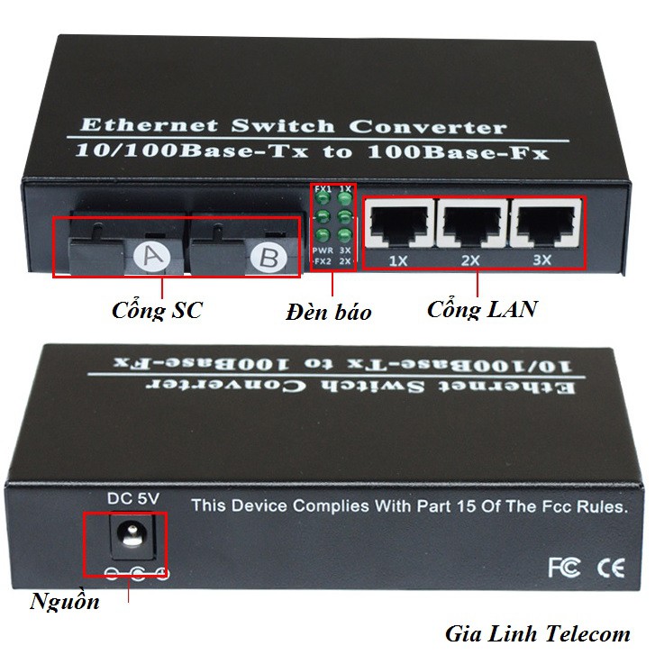 Bộ chuyển đổi quang điện 2 Quang 3 LAN - Converter quang 100Mbps