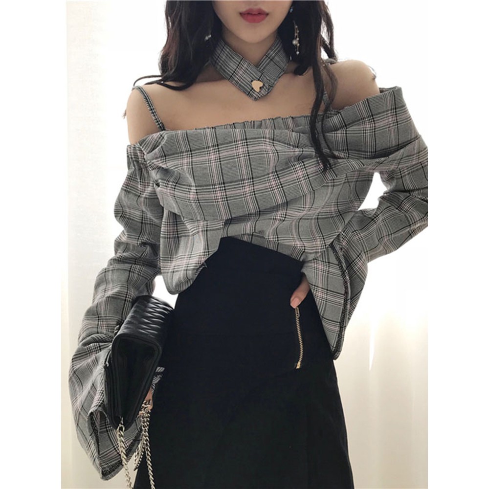 [ORDER] Áo sơ mi trễ vai kẻ caro kèm choker Ulzzang Hàn (Có ảnh thật)