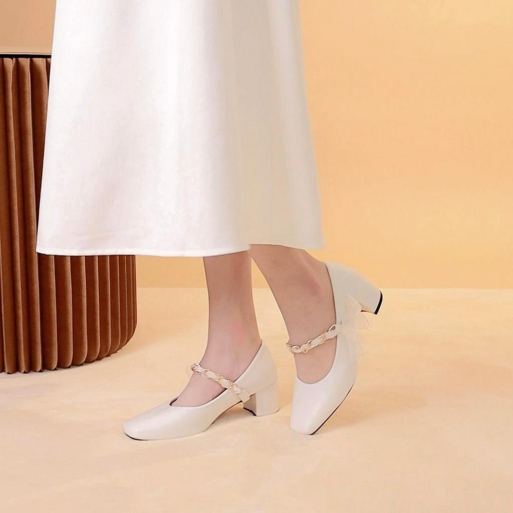 Giày cao gót MWC 4392 - Cao Gót Đế Vuông 5P Phối Xích Đính Nơ Tiểu Thư Xinh Xắn