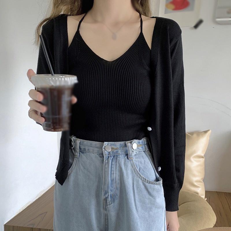 Set Áo Cardigan Dệt Kim + Áo Hai Dây Phong Cách Hàn Quốc Thanh Lịch Cho Nữ