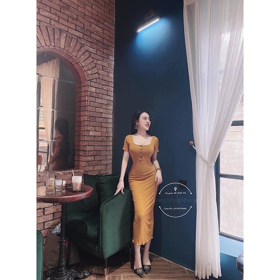 Đầm body nữ váy body cổ vuông tay ngắn phối cúc ngực sexy hàng thiết kế | BigBuy360 - bigbuy360.vn