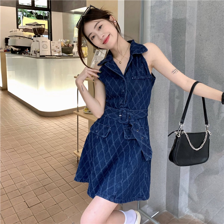 Đầm Denim Sát Nách Cổ Bẻ Nhấn Eo Thời Trang Mùa Hè Phong Cách Hàn Quốc Mới