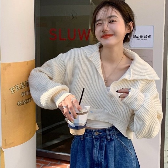 Áo ZHELIHANGFEI dệt kim tay dài cổ polo dáng ngắn thiết kế lệch tà phong cách cá tính dành cho nữ