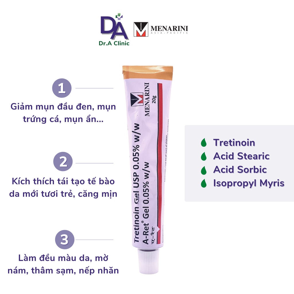 Tretinoin Aret Ấn Độ 0.025 0.05 0.1 Chính Hãng Dr.A Clinic dưỡng da căng bóng, tái tạo trẻ hoá da