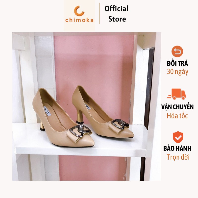 Giày Cao Gót Nữ Cao Cấp Mũi Nhọn CHIMOKA Gót Nhọn Cao 7 Phân Khóa Hình Tim Lồng Chéo Với Hai Màu Đen Kem 5422