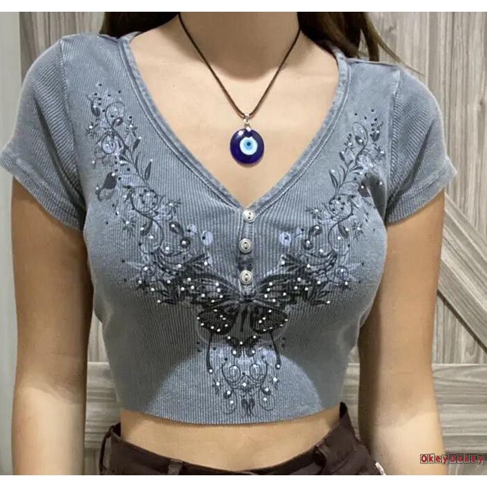 Áo croptop tay dài cổ chữ V in họa tiết cây và bướm thời trang cho nữ