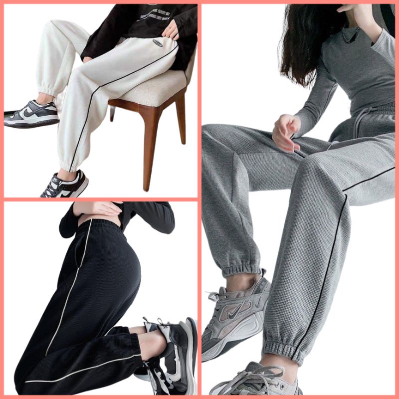 Quần Jogger Tổ Ong Một Sọc Màu Trắng Đen Ghi Quần Ống Rộng Bo Gấu Chất Liệu Dày Dặn