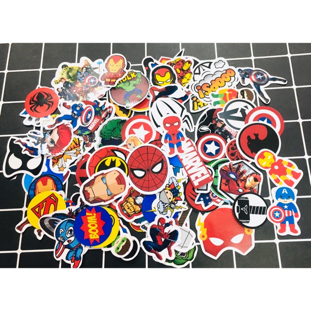 Bộ 30-60 Sticker siêu anh hùng người sắt iderman, siêu nhân ,người nhện ngươif khổng lồ... ép lụa