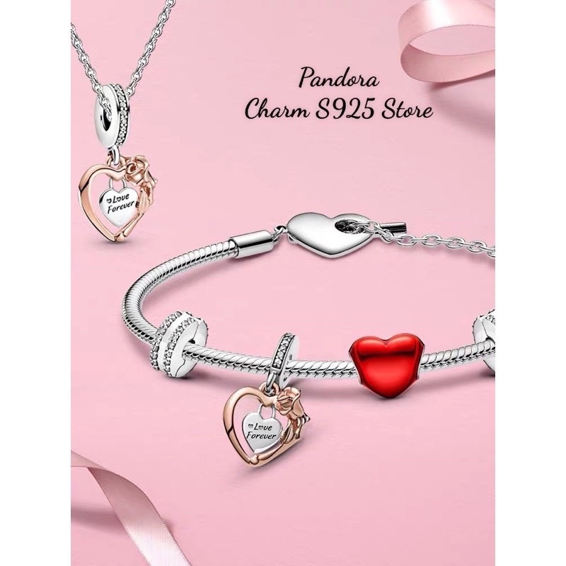 combo bộ vòng tay pan Ale khoá T mix 4 hạt charm tim hoa hồng bạc s925