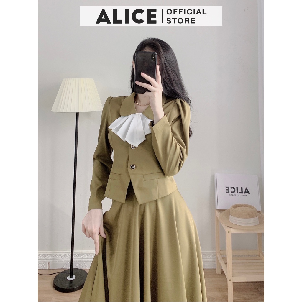Set Chân Váy Phối Áo Sơ Mi ALICE, Thiết Kế Dài Tay Tôn Dáng Phối Nơ Cổ Sang Chảnh Cho Mùa Thu V722 | BigBuy360 - bigbuy360.vn
