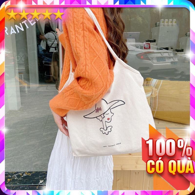 Túi Vải Tote Quai Dây Cô Gái Đội Nón P1823 - LoanTay