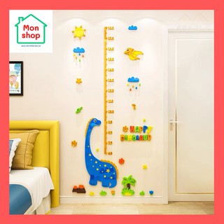 Tranh dán tường mica 3D đo chiều cao khủng long xanh, decal dán tường đo chiều cao, thước đo chiều cao khủng long cho bé