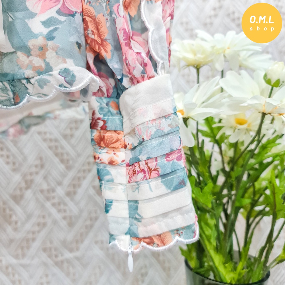 Jumpsuit voan hoa tay bo phồng ngực xếp nếp thắt dây eo nữ tính