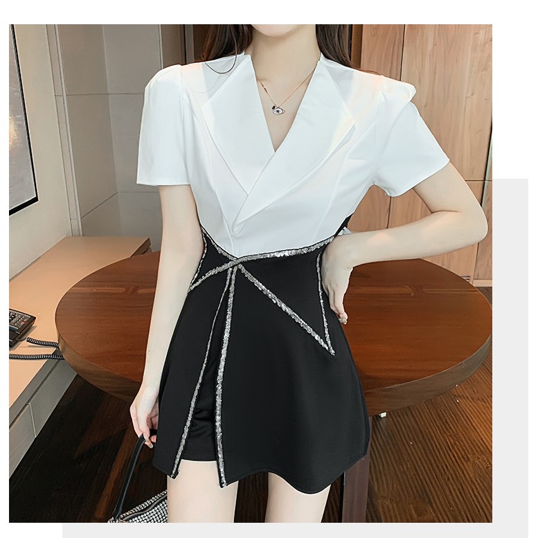 [Mã FACBGO245 giảm 10K đơn bất kì] Bộ Đầm Cổ Vest Phối Màu Đen Trắng Thời Trang Thanh Lịch Cho Nữ