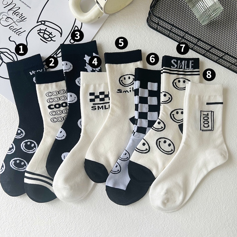 Vớ Thể Thao Chất Liệu cotton Họa Tiết Mặt Cười Màu Trắng Đen Thời Trang Thu Đông Phong Cách Hàn Quốc Cho Nam Và Nữ