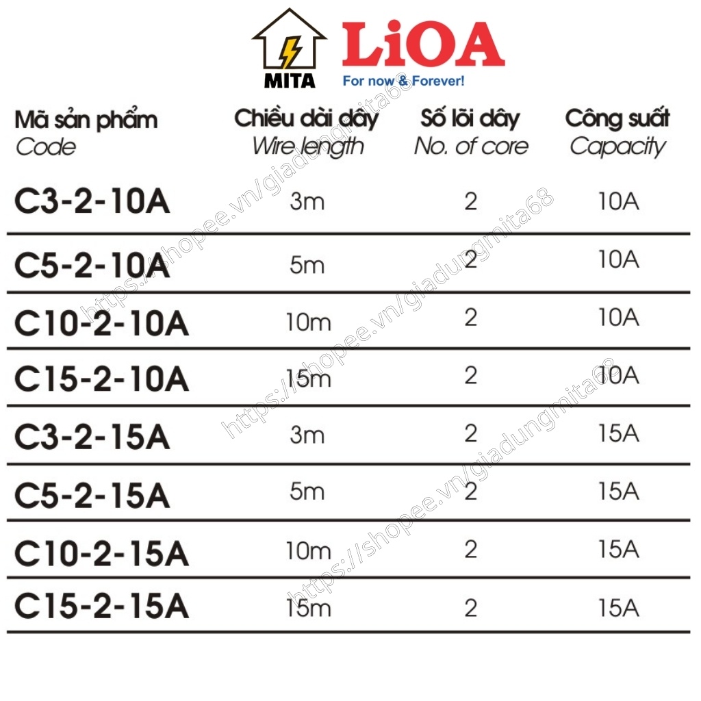 Dây điện nối dài LiOA , phích nối dài 3m/5m/10m/15m LiOA C3/5/10/15-2-10A/15A - MITA