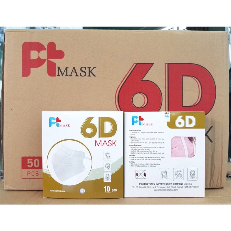 set 50 cái khẩu trang 6d PT mask, 5 lớp dầy mịn, khẩu trang 6d Phương Tuyến