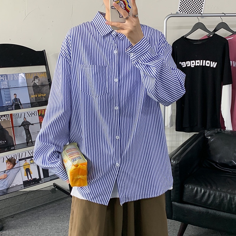 Áo Sơ Mi Tay Dài Thiết Kế Dáng Rộng Họa Tiết Kẻ Sọc Phong Cách Hàn Quốc Thời Trang Xuân Hè Cho Nam