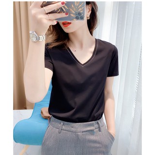 Áo thun nữ tay ngắn juky form ôm, chất thun co dãn, cổ tim trơn viền