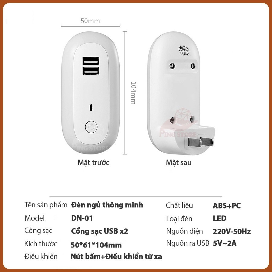 Đèn ngủ thông minh TABISO 10 cấp độ sáng - điều khiển từ xa bằng remote - hẹn giờ -có cổng sạc nhanh điện thoại - 2021