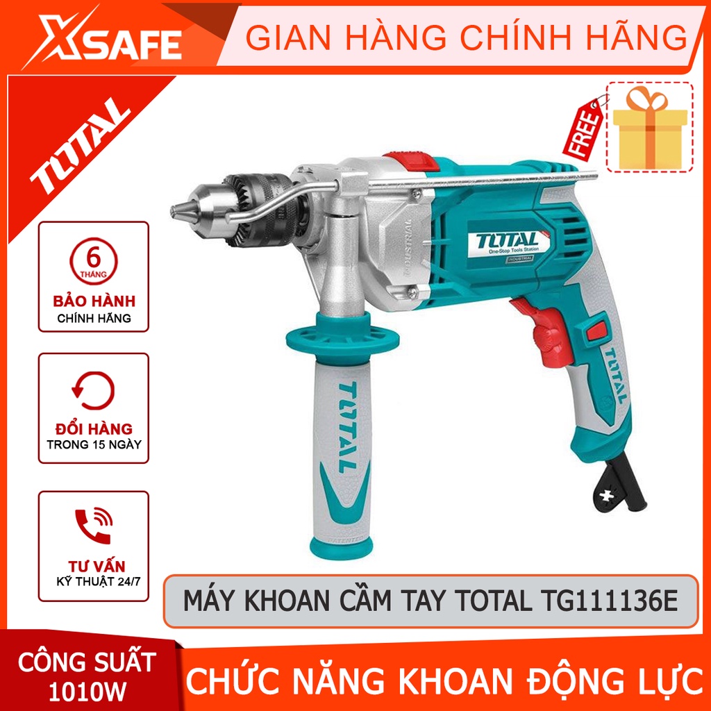 Máy khoan búa cầm tay TOTAL TG111136E công suất 1010W, tốc độ 2800rpm, khả năng khoan 13mm, có chỉnh tốc, đảo chiều
