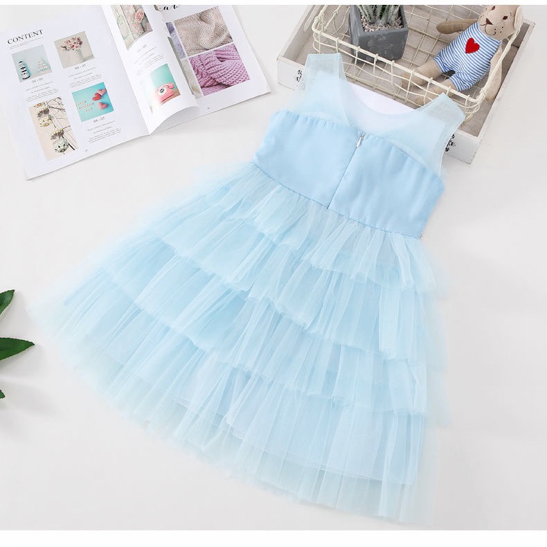 Váy ren xoè màu xanh phối lưới sát nách nhiều tầng cho bé gái  N01171