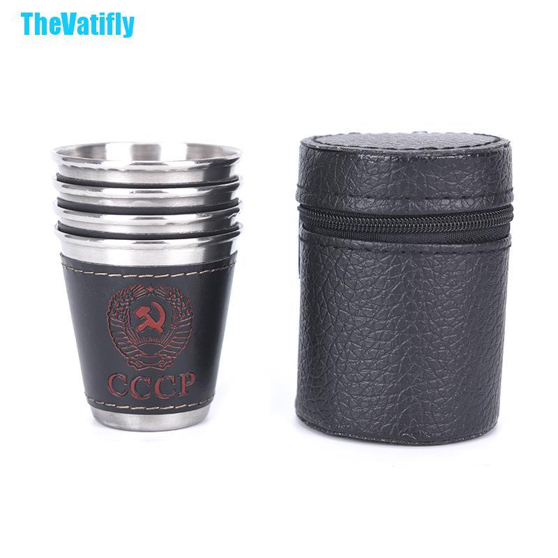 Bộ 4 cốc uống rượu 70ml bằng thép không gỉ tiện dụng khi đi cắm trại kèm túi đựng cốc bằng da PU