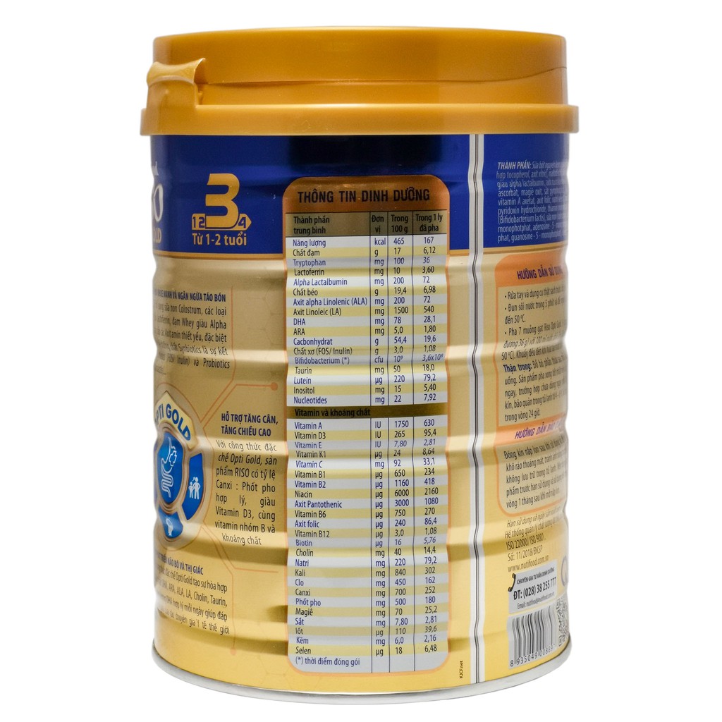 [CHÍNH HÃNG] Sữa Bột Nutifood Riso Opti Gold 3 - Hộp 900g (Dinh dưỡng đặc chế giúp hệ tiêu hóa khỏe mạnh)