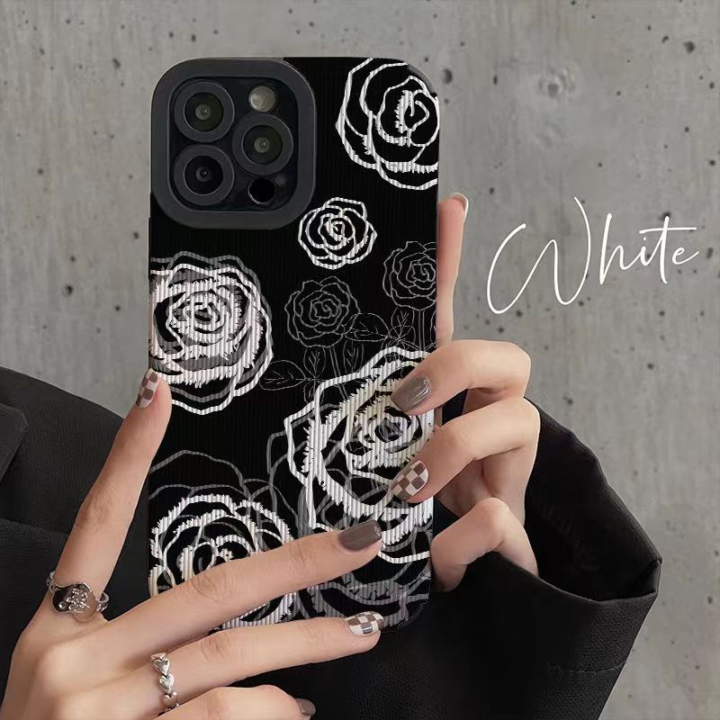 Ốp Điện Thoại Da Cừu Mềm Họa Tiết Hoa Hồng Trắng Đen Cho iphone 14 promax 14 plus 6 7 8plus X 11 12 13 13promax