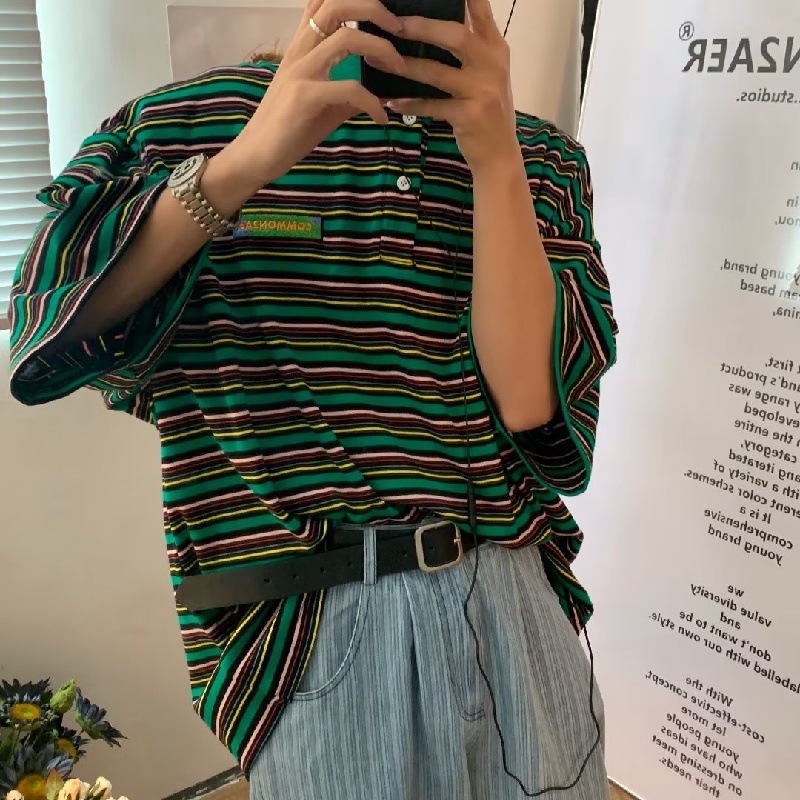 Áo Thun polo Tay Ngắn Dáng Rộng Thoáng Khí In Họa Tiết Kẻ Sọc Phong Cách hip hop Thời Trang Mùa Hè Cho Nam