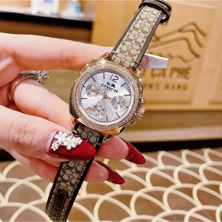 Đồng hồ nữ coach 6 kim dây da mặt đính đá vỏ gold 35mm