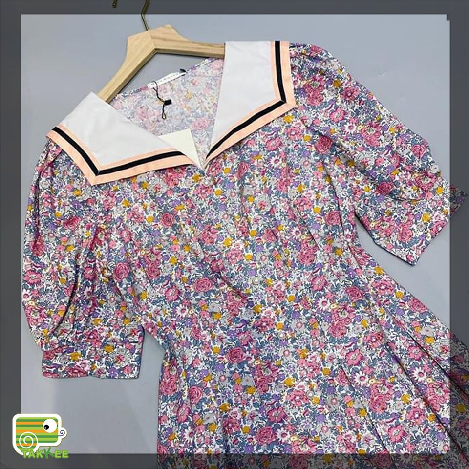 VÁY  ĐẦM XÒE HỌA TIẾT HOA CỔ THUYỀN EO CHIẾT LY HÀNG LỌAI 1