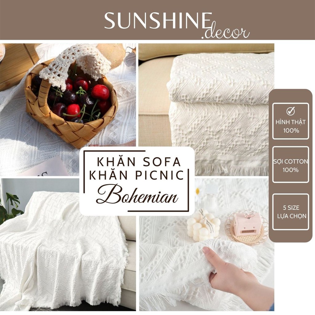 [Mã LIFEXANH03 giảm 10% đơn 500K] Khăn phủ Sofa khăn picnic trắng tua rua phong cách Bohemian