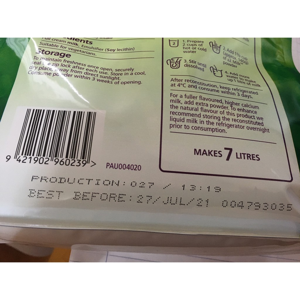 [Mã 267FMCGSALE giảm 8% đơn 500K] Sữa A2 nguyên kem dạng bột - Úc 1kg