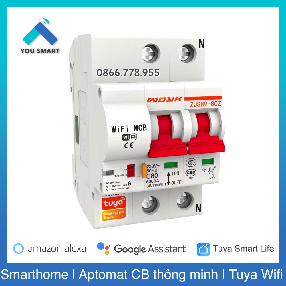 Aptomat cầu dao tổng CB thông minh 63A Tuya WIFI