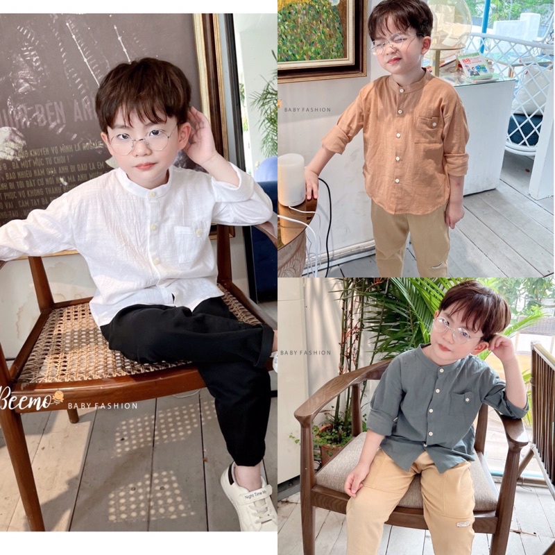 Áo sơ mi dài tay cổ tàu phối túi ngực đi học đi chơi cho bé trai cực đẹp