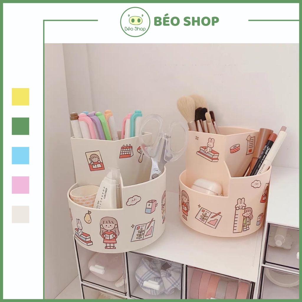 Hộp đựng bút tròn Béo Shop , ống cắm bút 3 ngăn bằng nhựa tiện lợi