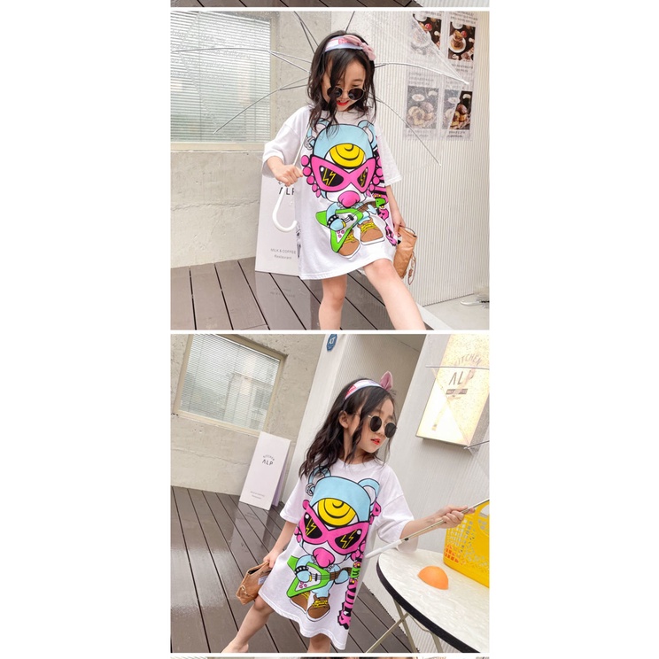 Đầm Thun Ngắn Tay In Họa Tiết Hoạt Hình Dễ Thương Dành Cho Bé Gái