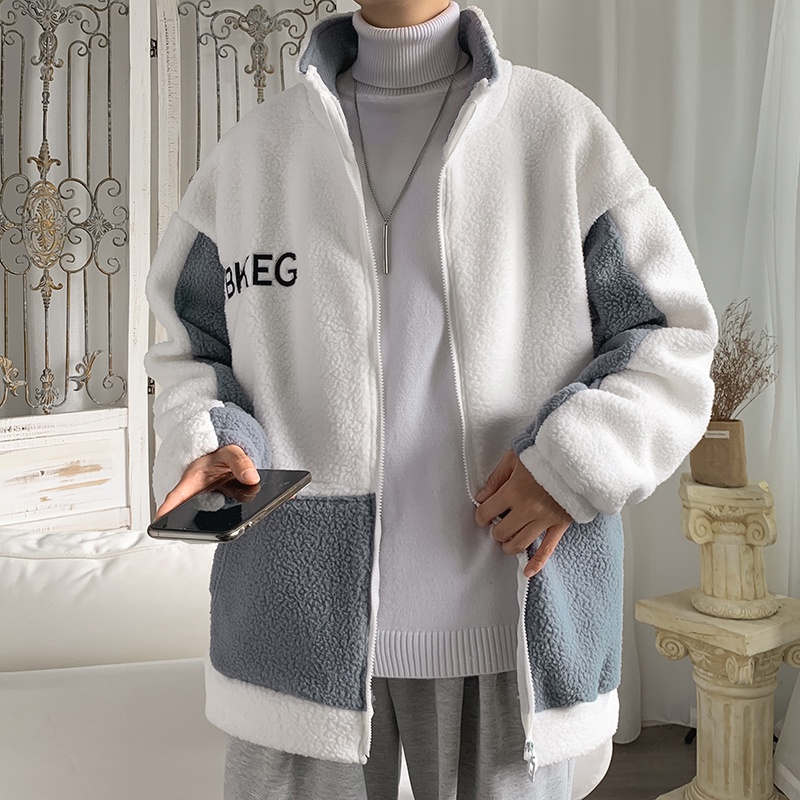 Áo khoác len lông cừu cổ đứng dáng rộng đơn giản thời trang mùa đông Nhật Bản cho nam