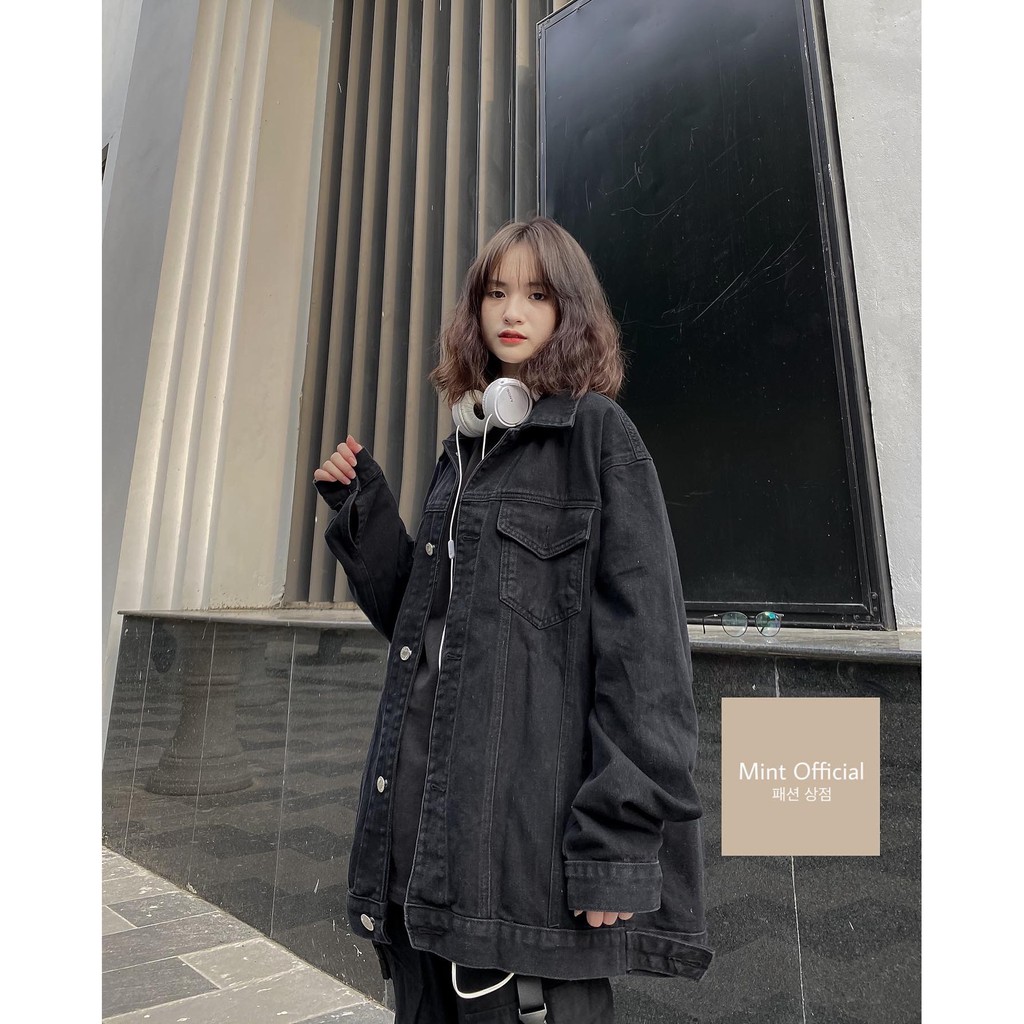 Áo khoác bò màu đen dáng dài rộng