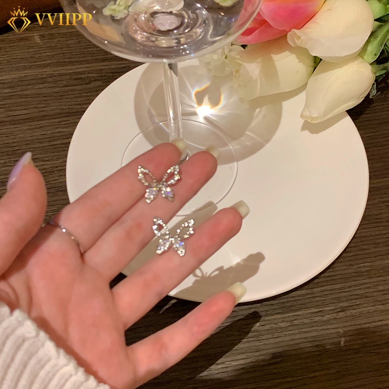 Bông Tai Bạc Hình Bướm Rỗng Đính Kim Cương Thời Trang Cho Nữ