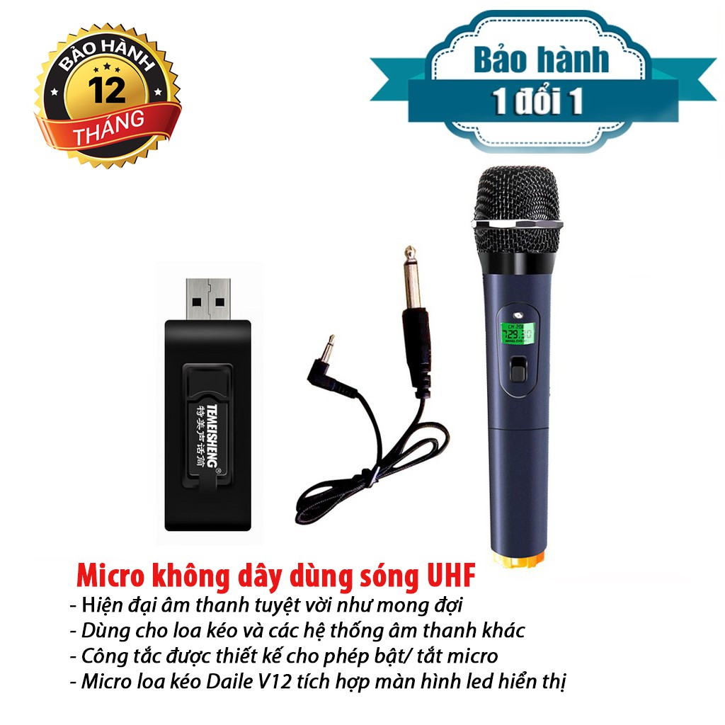 [FREESHIP]Micro Karaoke V12 không dây cho loa kéo, dàn karaoke, bluetooth Zangsong V12 màn hình LCD